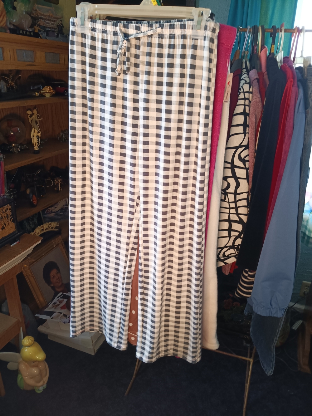 Black and White Gingham Drawstring Wide-Leg Pants